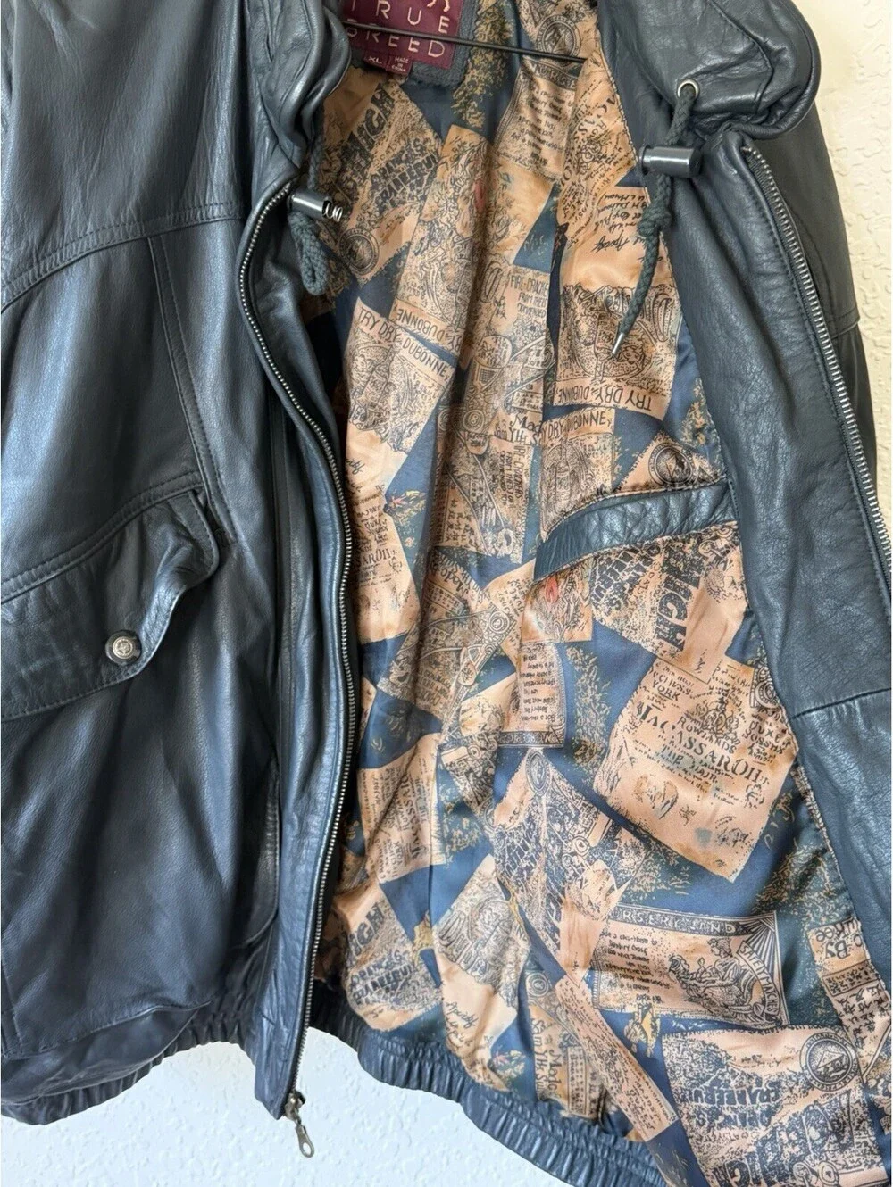 True Breed Men’s XL Black Genuine Leather Bomber Jacket Vintage Zip Coat